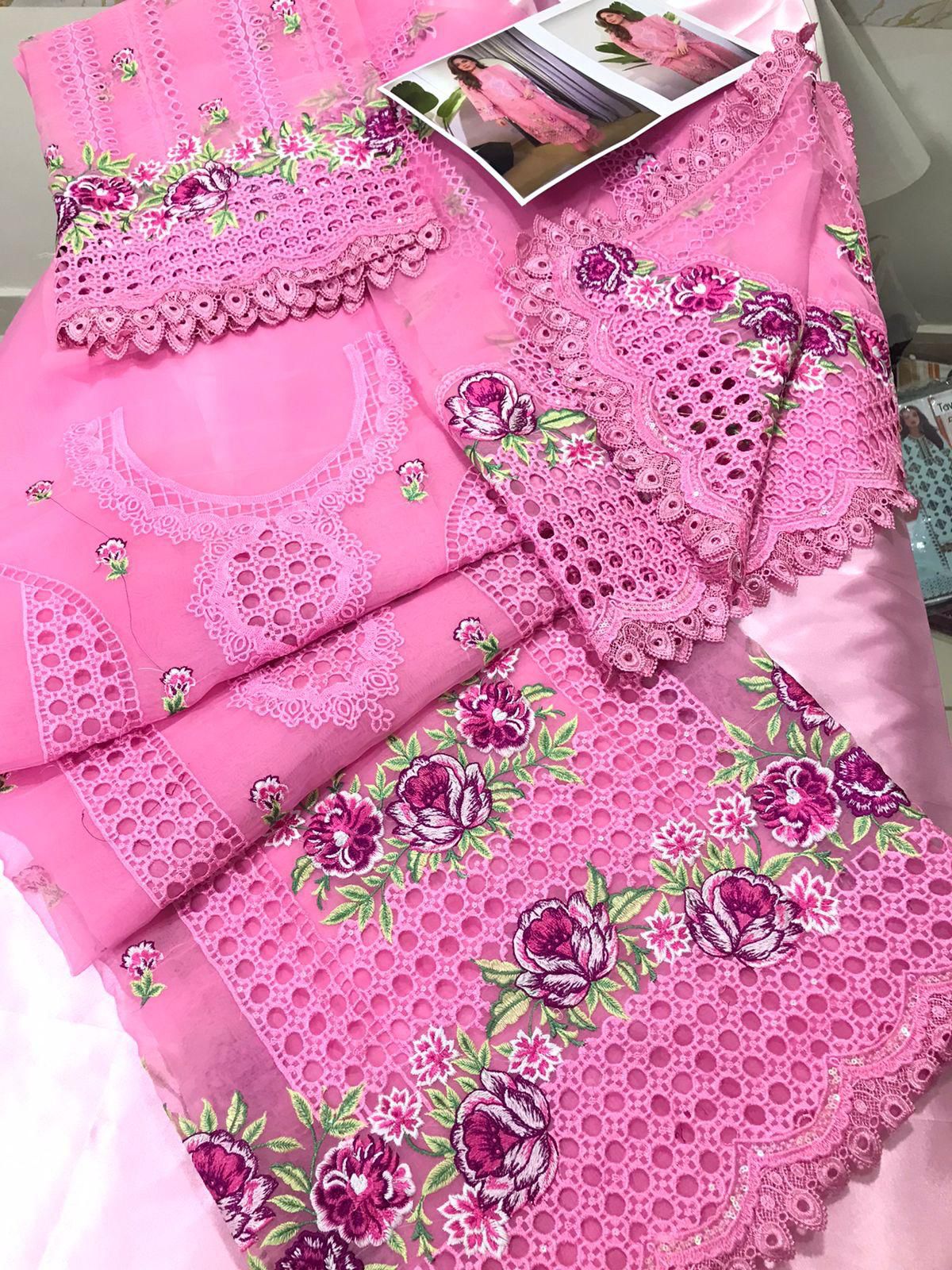 ANEELAS PREMIUM ORGANZA EMBROIDERED CHIKAN KARI DRESS