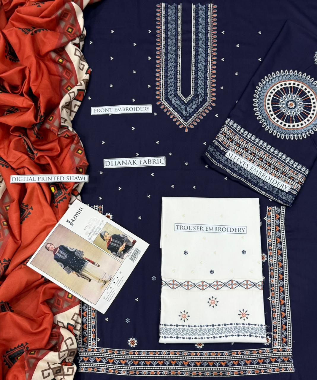 JAZMIN 🟨 CATEGORY : DHANAK 3PC EMBROIDERED