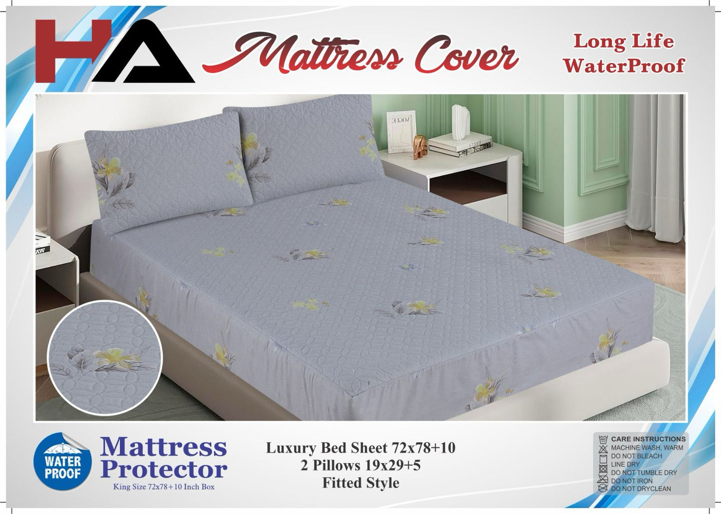 Printed Fancy Quilted Waterproof Mattress Fitted BedSheet With Pillows