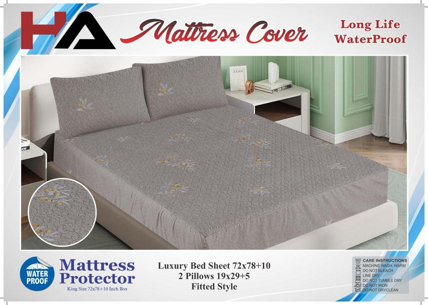 Printed Fancy Quilted Waterproof Mattress Fitted BedSheet With Pillows