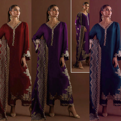 :ZAINAB CHOTANI silk embroidered hand work unstitced 3pc✓