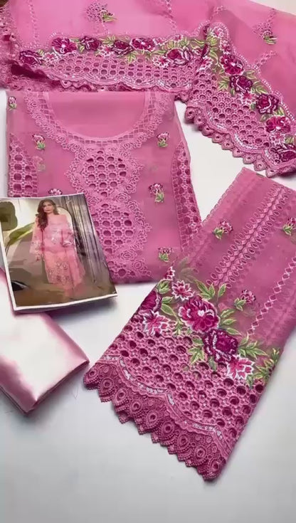 ANEELAS PREMIUM ORGANZA EMBROIDERED CHIKAN KARI DRESS